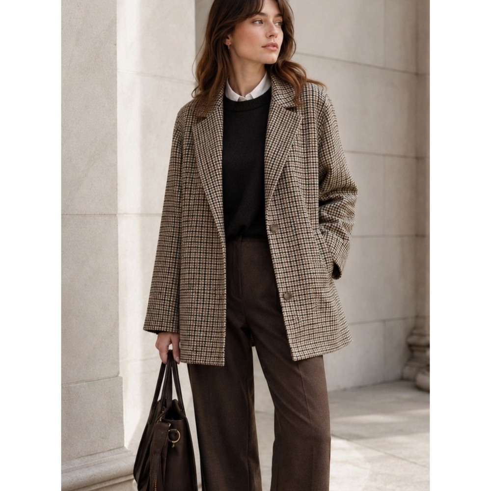 OLD NAVY Houndstooth Plaid Button-Front Car Coat Wool-Blend Heritage Old Money L